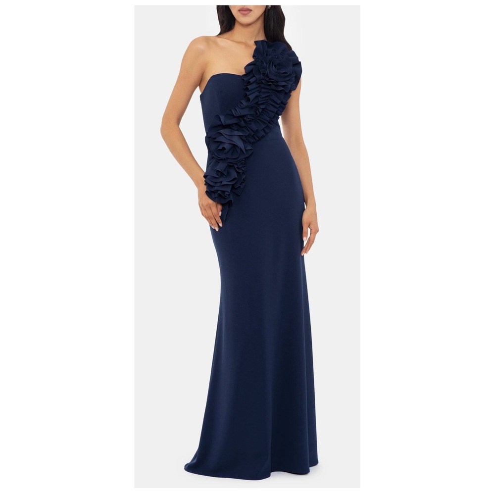 Betsy & Adam One Shoulder Rosette Ruffle Gown Navy Blue Formal Maxi Dress 14 NWT